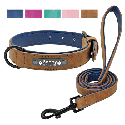 Leather Personalized Dog Collar and Leash Set Custom Engraved Pet ID Name Tag $21.99