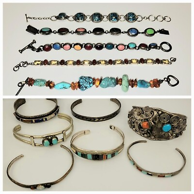 #ad Vintage Estate Lot Of 12 Navajo Gemstones Sterling Bracelets $950.00