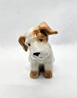 #ad Pit Bull Terrier Dog Figurine White Brown Spots Head Tilted Ceramic Hand Painted $11.99