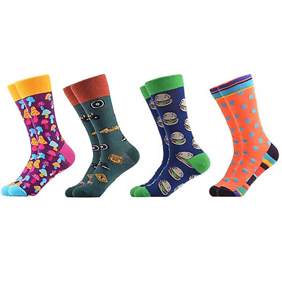 #ad 4 Pairs Men#x27;s Casual Cotton Sport Athletic Socks Colorful Patterned Crew Socks $14.99
