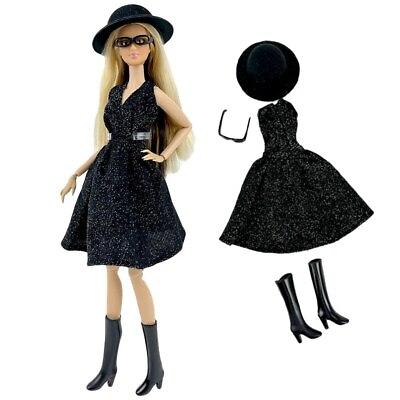 #ad Black Little Dress For 11.5quot; Doll Outfits Dresses Hat Boots Glasses Clothes 1 6 $5.92