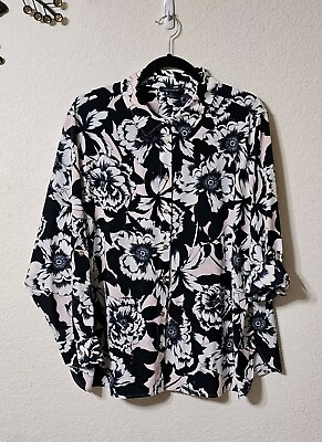 #ad Tommy Hilfiger Shirt Womens 1X Button Up Long Sleeve Roll Tab Floral Shirt Top $23.95
