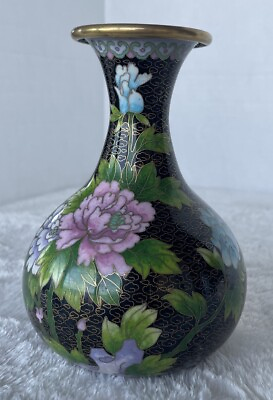 #ad Vintage Chinese Floral Enamel Cloisonne Vase 7in w Butterflies $34.99