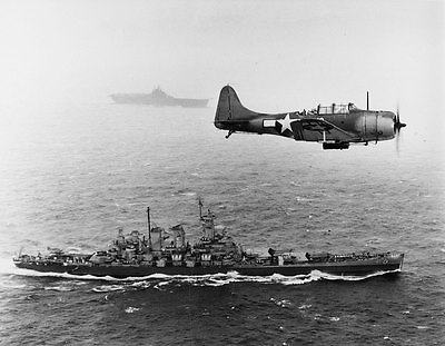 #ad WWII Bamp;W Photo US Navy SBD over USS Washington BB 56 World War Two WW2 7101 $5.99