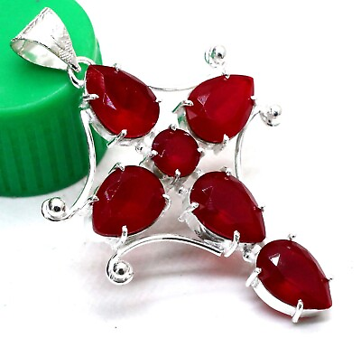 #ad 925 Sterling Silver Red Emerald Gemstone Jewelry Cross Pendant S 2.10 $16.99