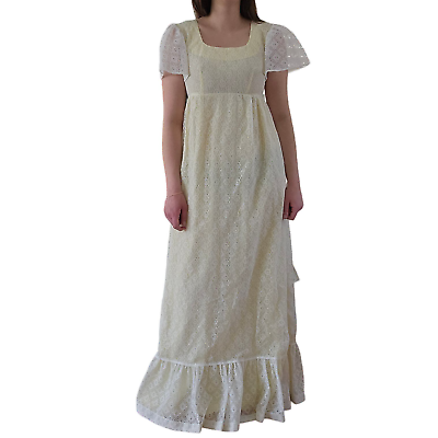 #ad Vintage White Yellow Lace Overlay Prarie Dress Maxi Empire Waist Ruffles Small $64.00