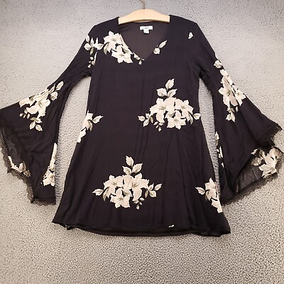 #ad Cato Blouse Womens Medium Bell Sleeve Flowers Black Layered Lined $16.98