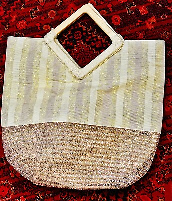 #ad Miztique Woven oversized geometric handbag tote wood gold tan 70s style $35.00