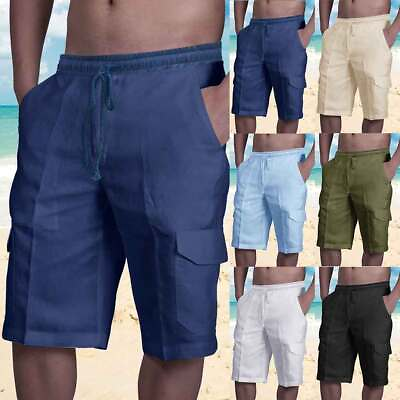 #ad Mens Summer Beach Loose Cotton Linen Shorts Drawstring Elasticated Short Pants $20.29