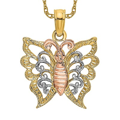 #ad 10K Two Tone Gold White Butterfly Necklace Charm Pendant $147.00