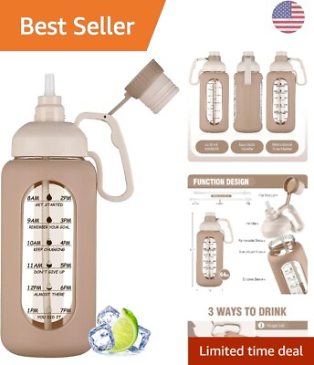 #ad Motivational 64oz Glass Water Bottle Wide Mouth Amber with Silicone Sleeves $50.98