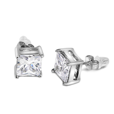 #ad Buyless Fashion Girls Stud Earrings Silver White Squared Crystal CZ In Gift Box $5.90
