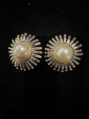 #ad Vintage Veronese Earrings 18k Vermeil Faux Pearl Center Crystal Baguettes Clips $65.00