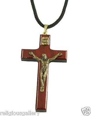 #ad Mens Cherry Wood Cross Necklace Crucifix Pendant Rope Jewelry Catholic Favor $13.99