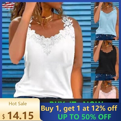 #ad Sexy Women Solid Sleeveless Vest Ladies Lace Casual Blouse Beach Cami Tank Top $14.15