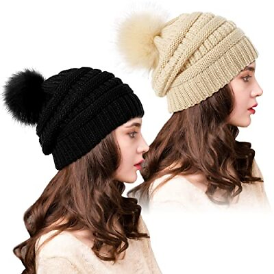 #ad IYEBRAO 2 Pack Womens Winter Knit Slouchy Beanie Chunky Baggy Hat with Pom Po... $27.32