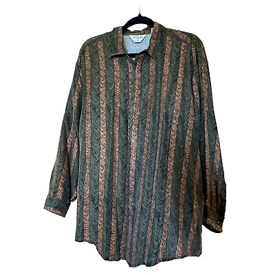 #ad Genelli Collared Mens Brown Green Striped 100% Pure Silk Hidden Button Up Large $49.00