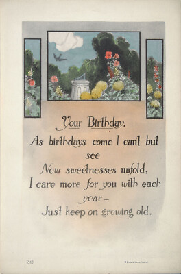 #ad ANTIQUE XRare c1910s 20s ART MOTTO NOS Hand Colored Print Card YOUR BIRTHDAY $49.99
