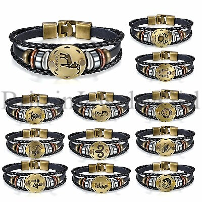 #ad 12 Constellation Zodiac Sign Charms Black braided Beaded Leather Cuff Bracelet $8.99