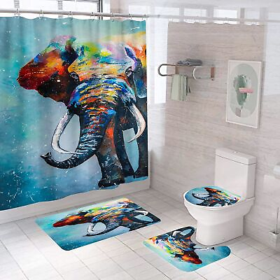 #ad 4 Pcs Watercolor Elephant Shower Curtain Sets with Non Slip Rug Toilet Lid C... $54.53