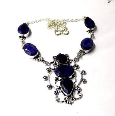 #ad Blue Sapphire 925 Sterling Silver Plated Handmade jewelry Necklace 25 Gm E5 $17.99