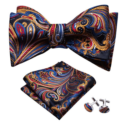 #ad Gold Red Blue Floral Mens Bowtie Self Tied Silk Paisley Wedding Bow Tie Hanky $10.99