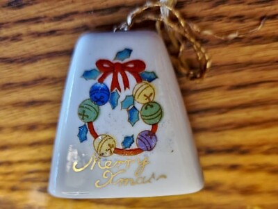 #ad Vtg Small Merry XMas Bone China Bell Christmas Ornament About 1.75 Inch Tall $7.88
