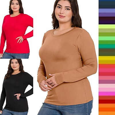#ad 1X 2X 3X Brushed Microfiber Round Neck Long Sleeve Top Buttery Soft Warm T Shirt $14.00