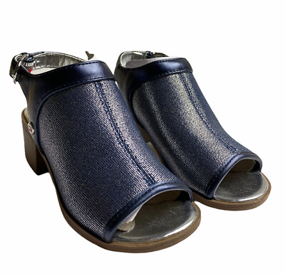 #ad Tommy Hilfiger Girls Navy Blue And Silver Sling back Block Heeled Sandal Size 11 $25.00