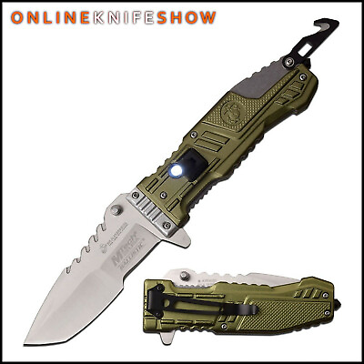 #ad ARMY GREEN SPRING POCKET KNIFE Tactical Military Assisted Open Blade LED LIGHT $17.95