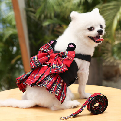 #ad Dog Red Plaid Dress Christmas Soft Vest Harness Matching Leash for Chihuahua Cat $10.44