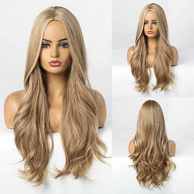 #ad US 24inch Cosplay wigs none lace Synthetic hair Ash Blonde Wavy Daily use $14.99