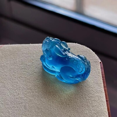 #ad Genuine Natural Blue Aquamarine Gemstone Crystal Shape Pixiu Pendant $255.00