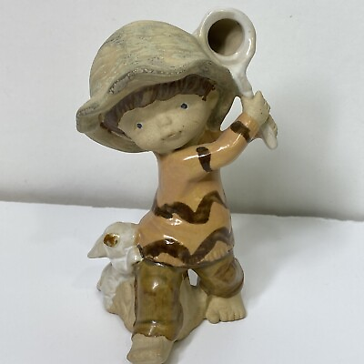Vintage UCTCI Ceramic Young Boy Butterfly Net Dog Figurine Made In Japan Farm $14.96