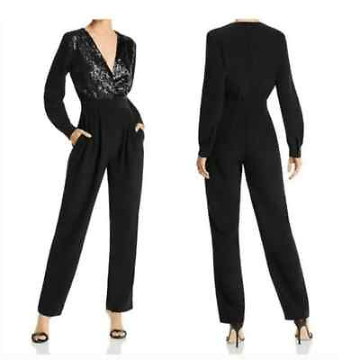 #ad NWT Lini Bloomingdale’s Stella black sequin tuxedo jumpsuit size small NEW $39.99