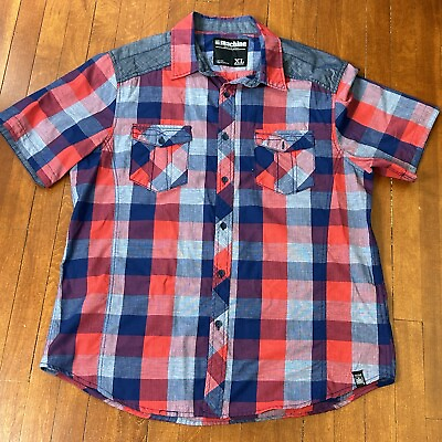 #ad MK Machine Mens XL Red Blue Plaid Short Sleeve Button Up Shirt Western Preppy $11.70