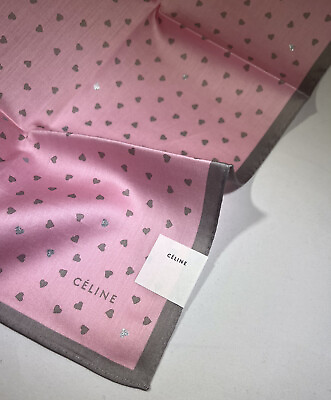 #ad CELINE Paris French Luxury brand silk scarf w tiny hearts pink grey NWT $75.00
