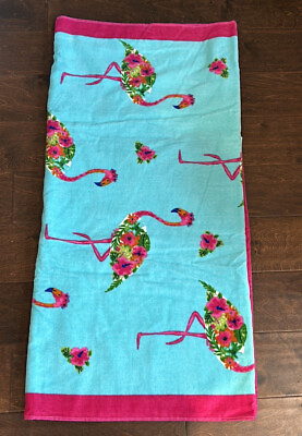 #ad Truly Lou Beach Towel Cotton Flamingos Floral 36”x70” New $32.99
