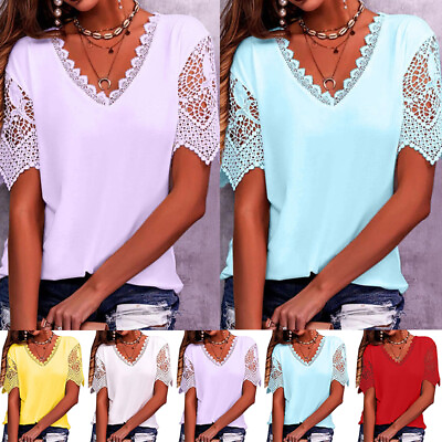 #ad Lace Short Sleeve Tops Blouse T Shirt Casual Solid Color Lace Side V Neck Summer $16.57