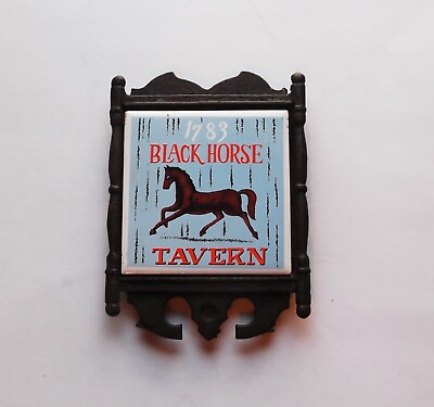 #ad Vintage 1783 Black Horse Tavern Cast Iron Metal Ceramic Tile Trivet Sign $11.00