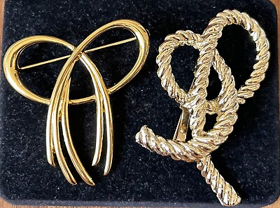 #ad Lot Of 2 Vintage Gold Tone Twisted Bow Rope Pretzel Brooch Pin Designer Look $22.99