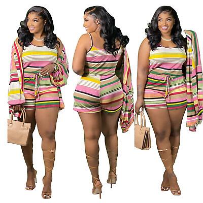 #ad 2pcs Pants Set Fashoin Womens Sleeveless Stripe Print Casual Short Outfits Cute $32.68