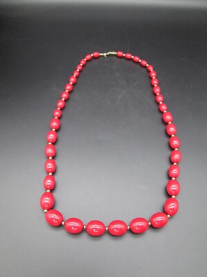 #ad Monet Signed Red Acrylic Oval Bead Gold Tone 28quot; Necklace VTG Estate Gorgeous $16.99