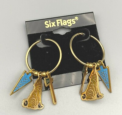 #ad Six Flags Theme Park Souvenir Western Wolf Arrowhead Gold Hoop Earrings NEW $12.60
