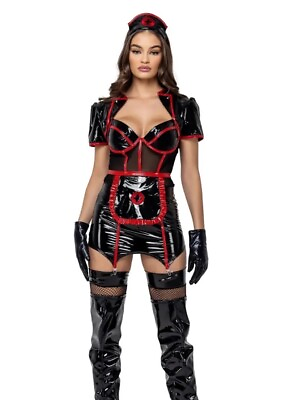 #ad Ravishing Nurse Halloween Cosplay Roma Costume NO APRON 2X Latex Look Black Plus $55.95