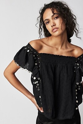 #ad NWT Free People Metal Coin Embellished Top Size Small Blouse Black MSRP $148 $28.49