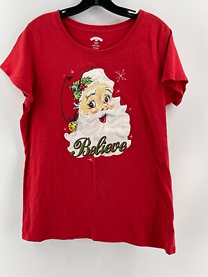 Santa Claus Believe Graphic Women#x27;s Red Short Sleeve T Shirt Tee Christmas XL $17.24