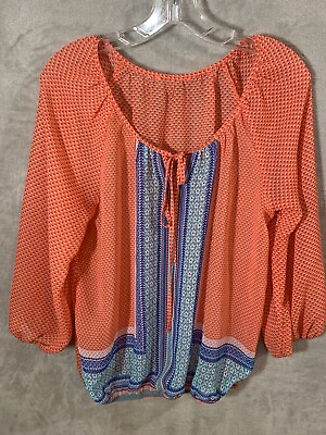 #ad Womens Shirt Sz Medium Orange Blue Print Flowy Long Sleeve Tie Front Sheer Top $12.99