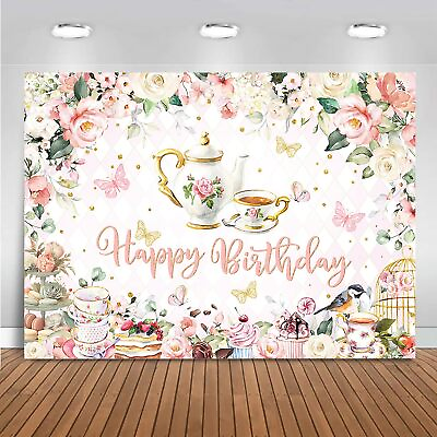 #ad Tea Party Happy Birthday Backdrop Floral Princess Tea Birthday Party Decorati... $28.94