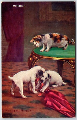 VINTAGE DOG WIRE HAIRED FOX TERRIERS w Calico Cat on Chair #x27;Mischief#x27; Postcard $12.00